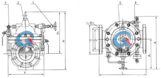 300X緩閉止回閥 外形結(jié)構(gòu)圖 (1、針閥2、主閥3、球閥4、壓力表5、單向閥）